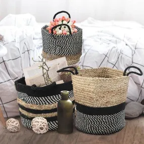 Black and Natural Jute & Cotton Basket Set of 3 For Living Room & Home