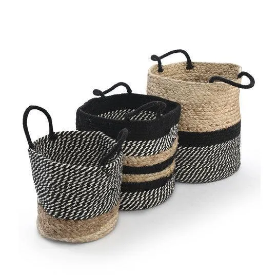Black and Natural Jute & Cotton Basket Set of 3 For Living Room & Home