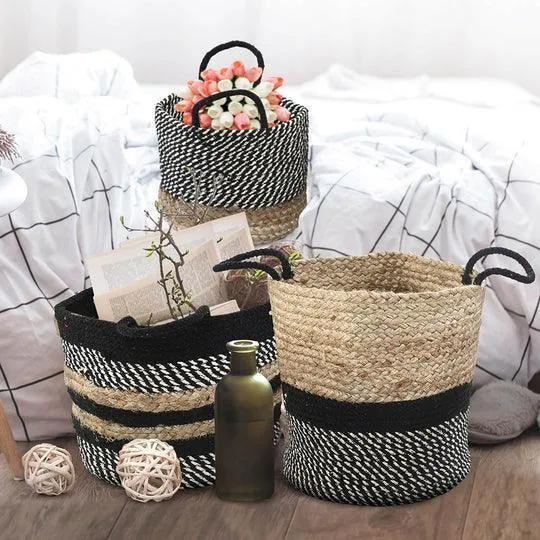 Black and Natural Jute & Cotton Basket Set of 3 For Living Room & Home