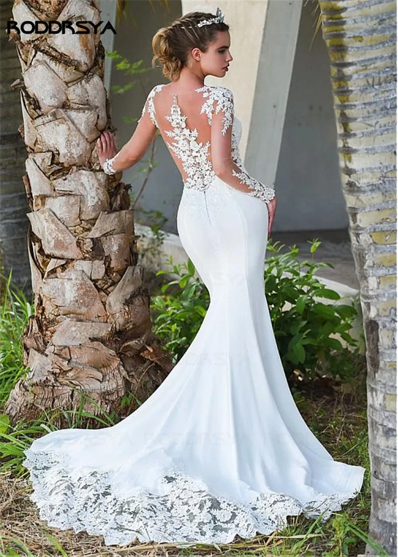 Floniel  Designer Long Sleeves Sheer Illusion Lace Appliques Mermaid Wedding Dresses Bridal Gowns See Through Back