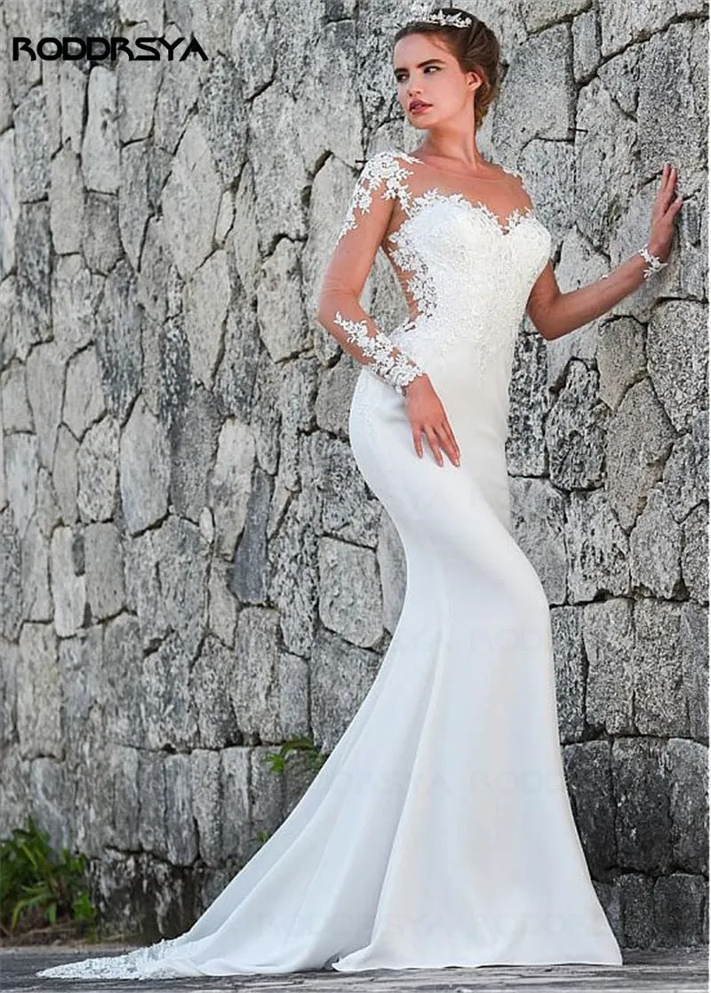 Floniel  Designer Long Sleeves Sheer Illusion Lace Appliques Mermaid Wedding Dresses Bridal Gowns See Through Back