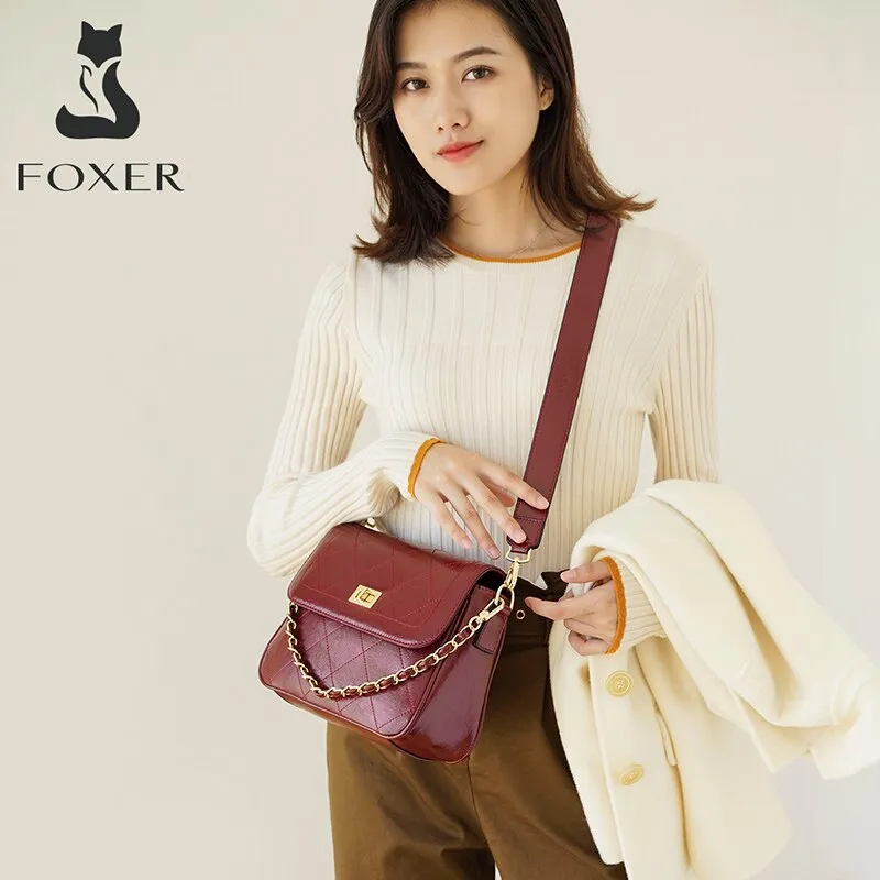 FOXER Cow Leather Women's Commute Handbag Large Capacity Stylish Shoulder Flap Bag for Female Casual Girl's Flap Messenger Bag
