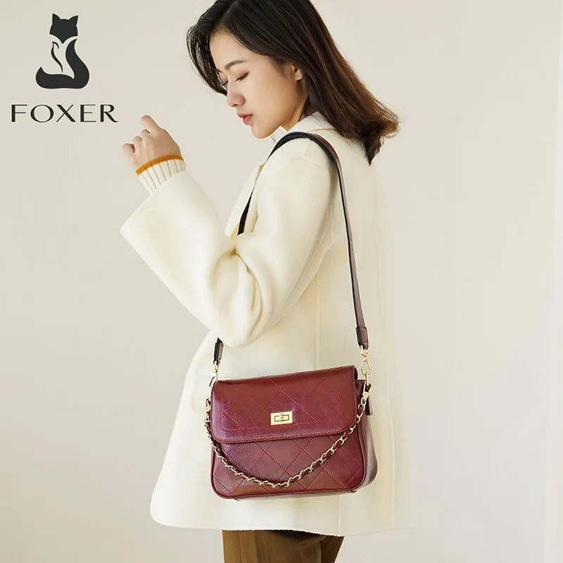 FOXER Cow Leather Women's Commute Handbag Large Capacity Stylish Shoulder Flap Bag for Female Casual Girl's Flap Messenger Bag