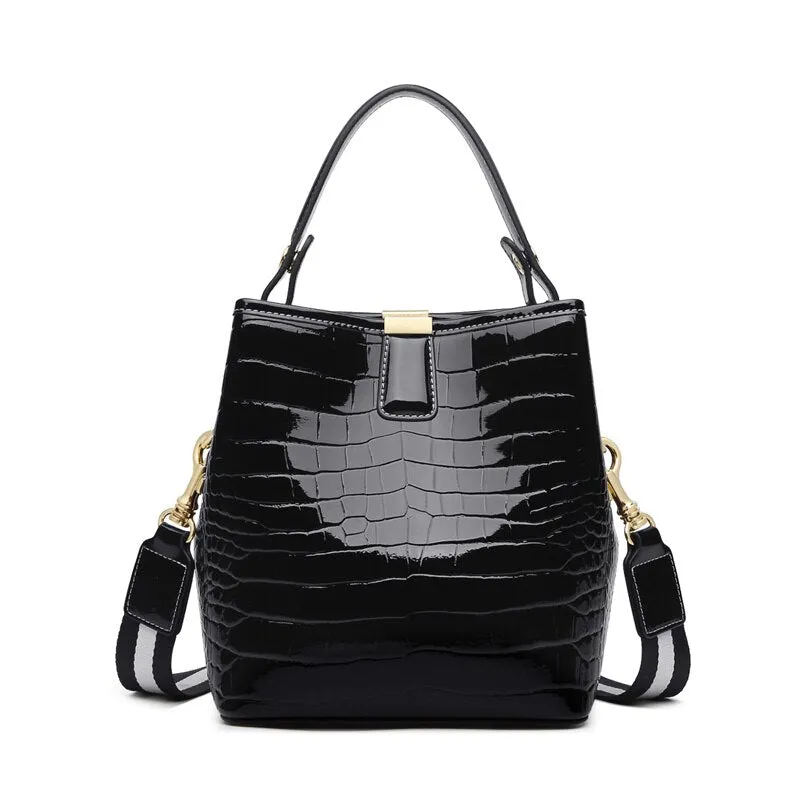 FOXER Fashion Patent Leather Bucket Shoulder Bag for Women Large Capacity Commute Female Handbag Designer Lady Cross-body Purses