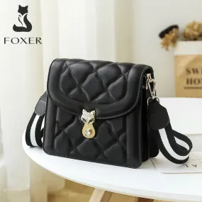 FOXER Women's Cow Split Leather Shoulder Bag Stylish Flip Crossbody Bag Ladies Large Capacity Messenger Bag Casual Lattice Bags