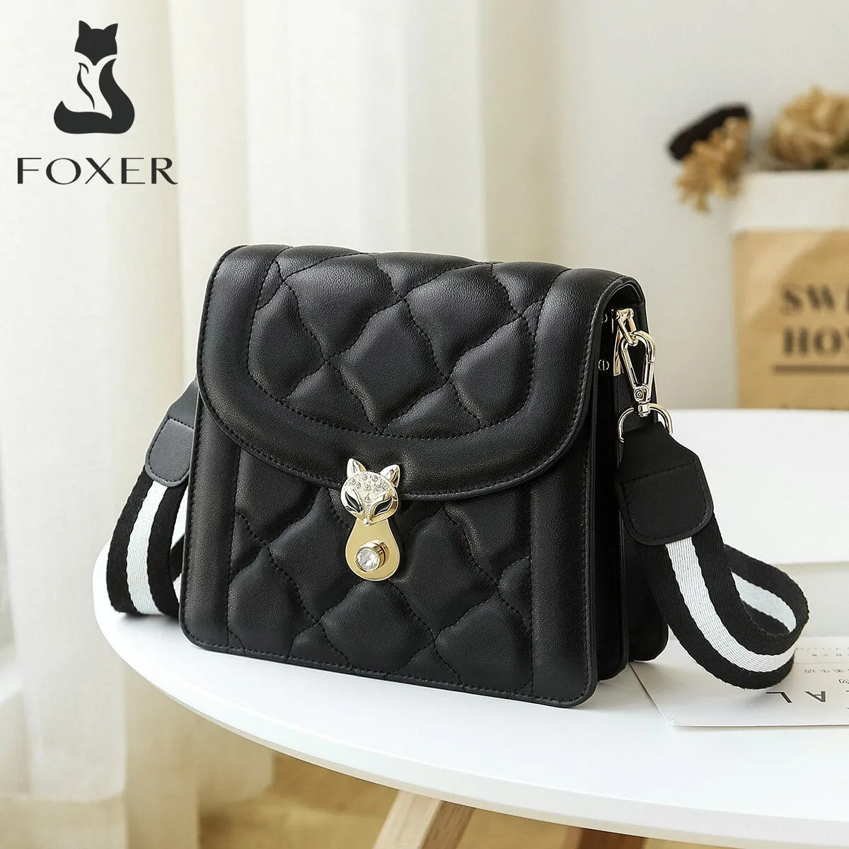 FOXER Women's Cow Split Leather Shoulder Bag Stylish Flip Crossbody Bag Ladies Large Capacity Messenger Bag Casual Lattice Bags