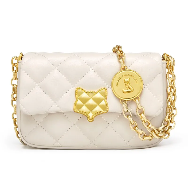 FOXER Women's Split Leather Fashion Flip Crossbody Bag High Quality Ladies Casual Shoulder Bag Luxury Diamond Coin Chain Bag
