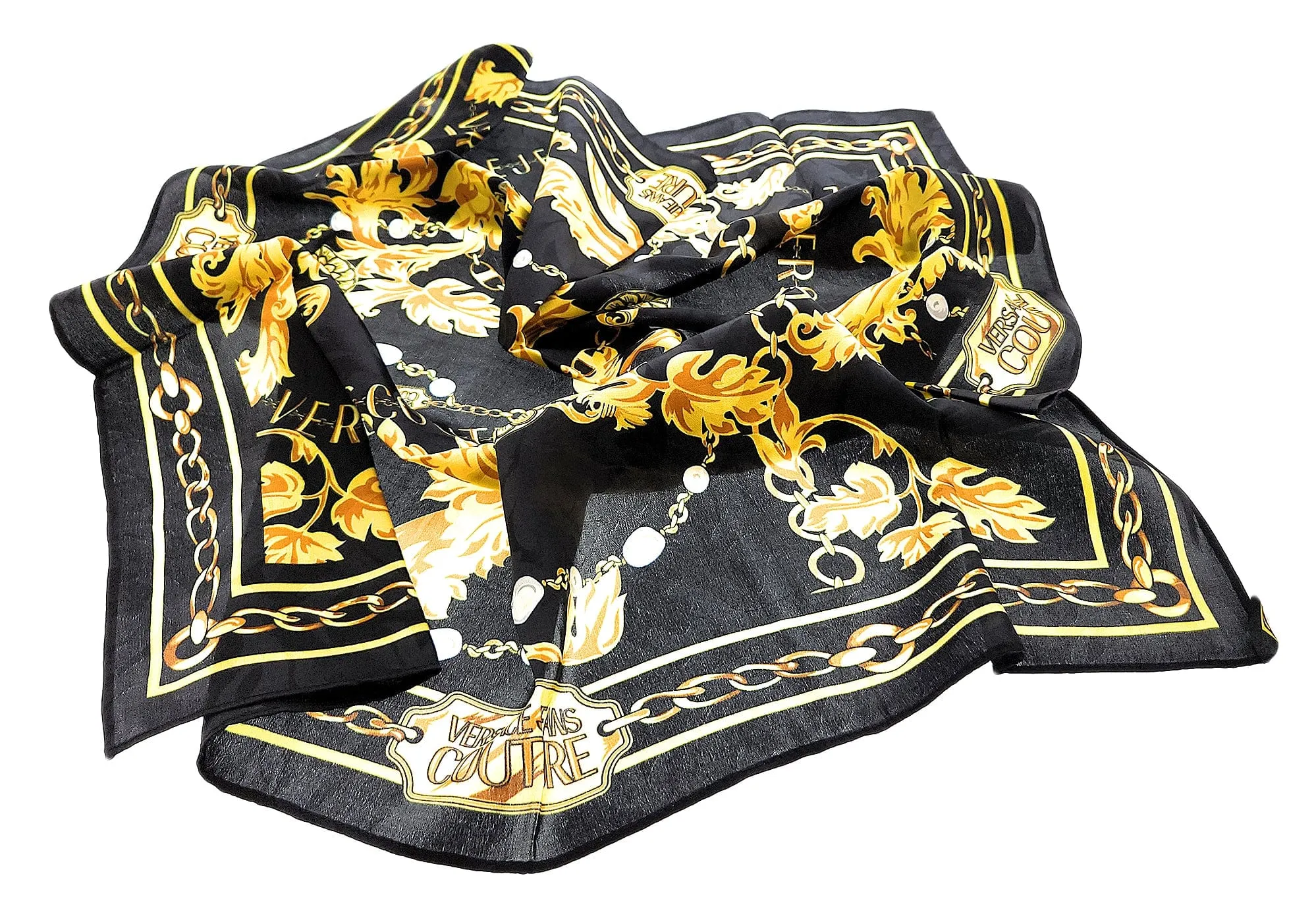 Versace Jeans Couture Black/Gold Charm Link Baroque Print Silk Scarf